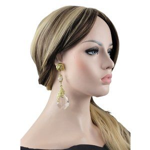 Large Faux Crystal Teardrop Gold Tone Filigree Long Clip On Dangle Earrings